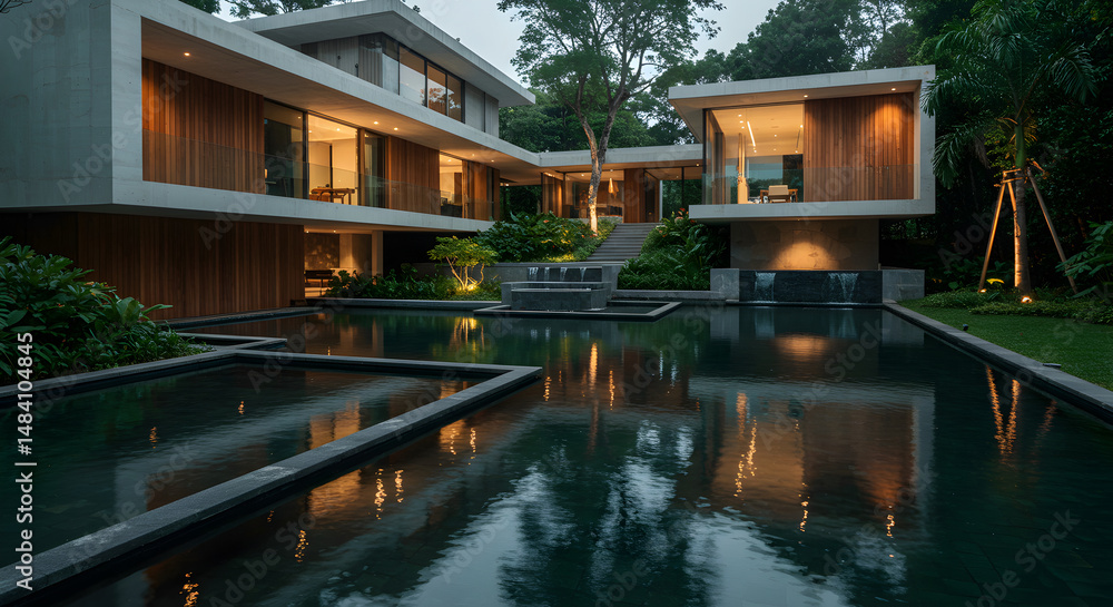 Serene Evening View of a Contemporary House with Reflective Swimming Pool Serene Evening View of a Contemporary House with Reflective Swimming Pool