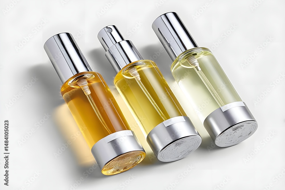 A collection of three elegant glass bottles arranged beautifully, showcasing vibrant liquid colors A collection of three elegant glass bottles arranged beautifully, showcasing vibrant liquid colors
