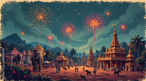 a vintage illustration of thrissur pooram, with elephants, fireworks, and a grain texture sky.