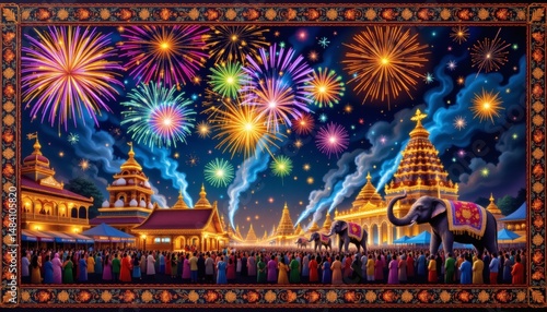 an oil painting of thrissur pooram, with vibrant fireworks, elephants, and a kalamkari design border.