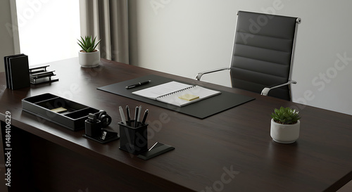 Modern Dark Wood Desk Office Workspace with Accessories