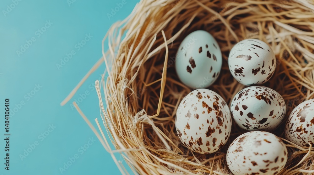 Nestled eggs of pale blue and speckled brown. Nestled eggs of pale blue and speckled brown.