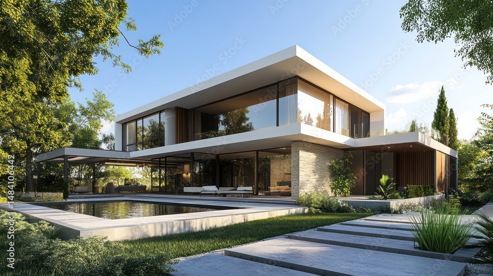 Fototapeta premium Serene modern residence with pool blending architectural precision and natural beauty