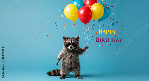 Cute Raccoon Holding Balloons, Happy Birthday