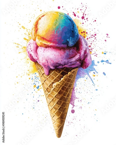 Colorful ice cream cone with splashes of paint in vibrant pink, yellow, and blue