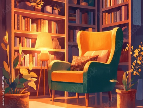 Cozy reading nook with armchair, bookshelves, lamp, and plants.
