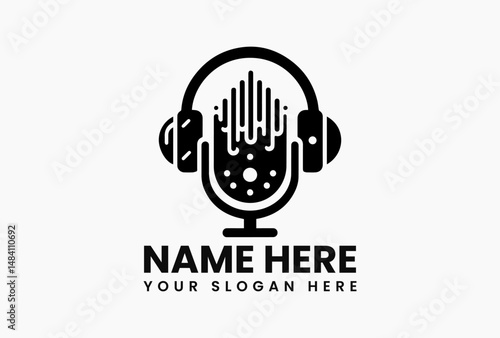 Modern black vector logo headphones with microphone emitting sound waves for audio recording and podcasting. Technology concept