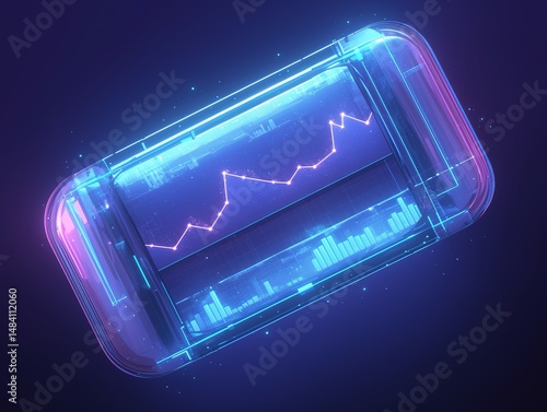 Futuristic transparent device displaying stock market data; glowing lines and graphs.