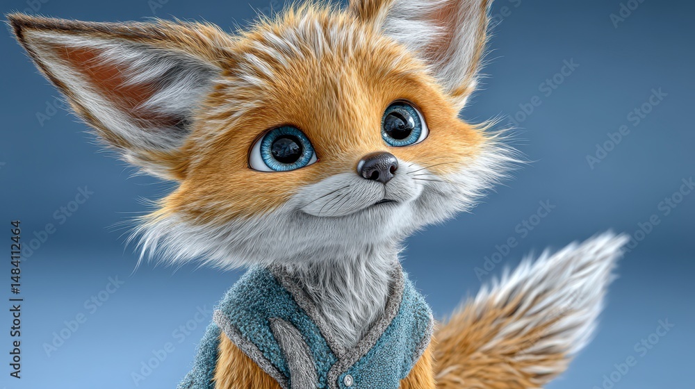 Fototapeta premium Adorable Fox Cub Cute Animal Portrait CG Render 3D Illustration Fluffy Fur Big Eyes