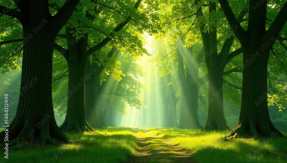 Naklejka premium Giant trees, dappled sunlight filtering through, tree, rainforest