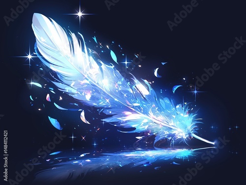 Glowing blue feather with sparkles, magic, fantasy.