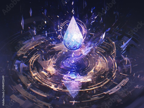 Glowing crystal droplet above swirling energy.