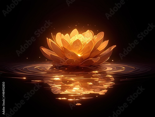 Glowing golden lotus flower on dark water, reflecting light.