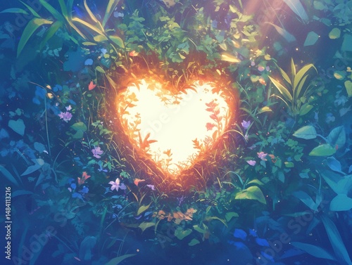 Glowing heart-shaped light in lush greenery.