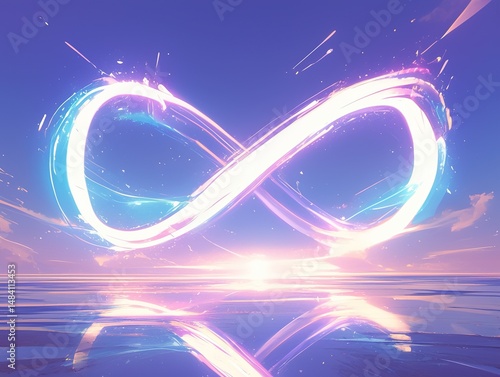 Glowing infinity symbol at sunset reflecting on calm water.