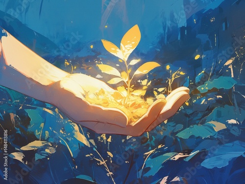 Glowing plant seedling in hand, dark blue forest background.