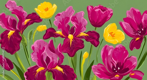 Wallpaper Mural Vibrant Irises and Tulips: A Bold Floral Painting Torontodigital.ca