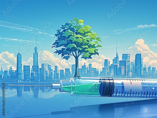 Green tree growing from syringe in city skyline.