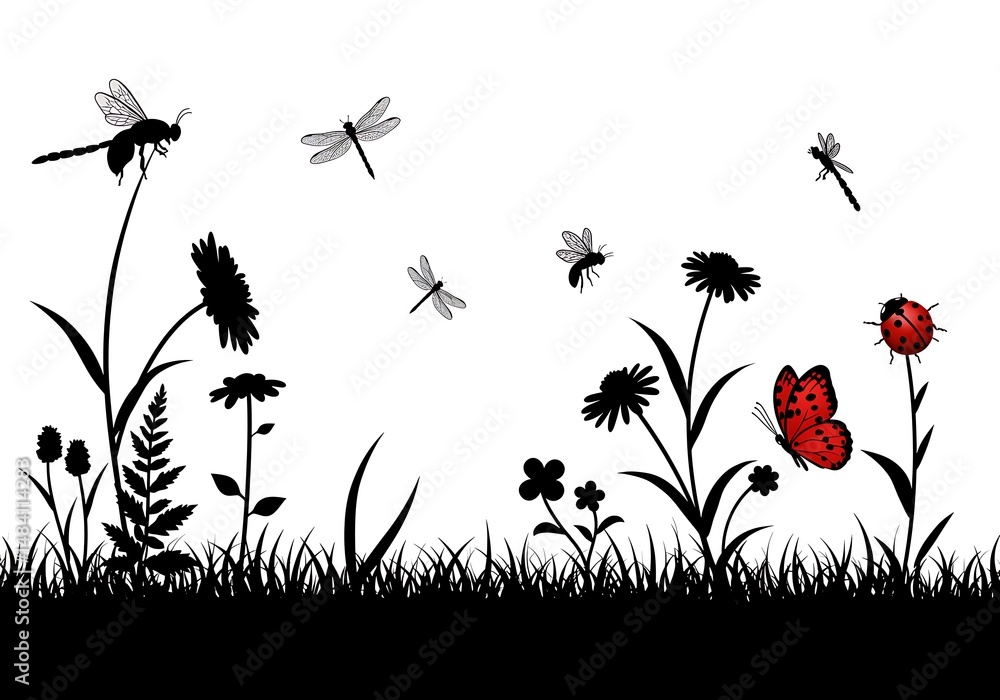 Naklejka premium Silhouette Meadow: Dragonflies, Flowers, and a Red Butterfly