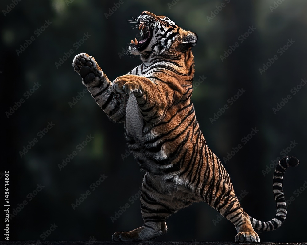 Fototapeta premium Tiger leaping against dark background