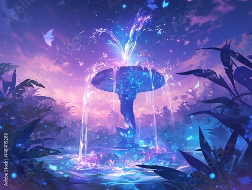 Magical fountain with glowing water and butterflies in a twilight garden.