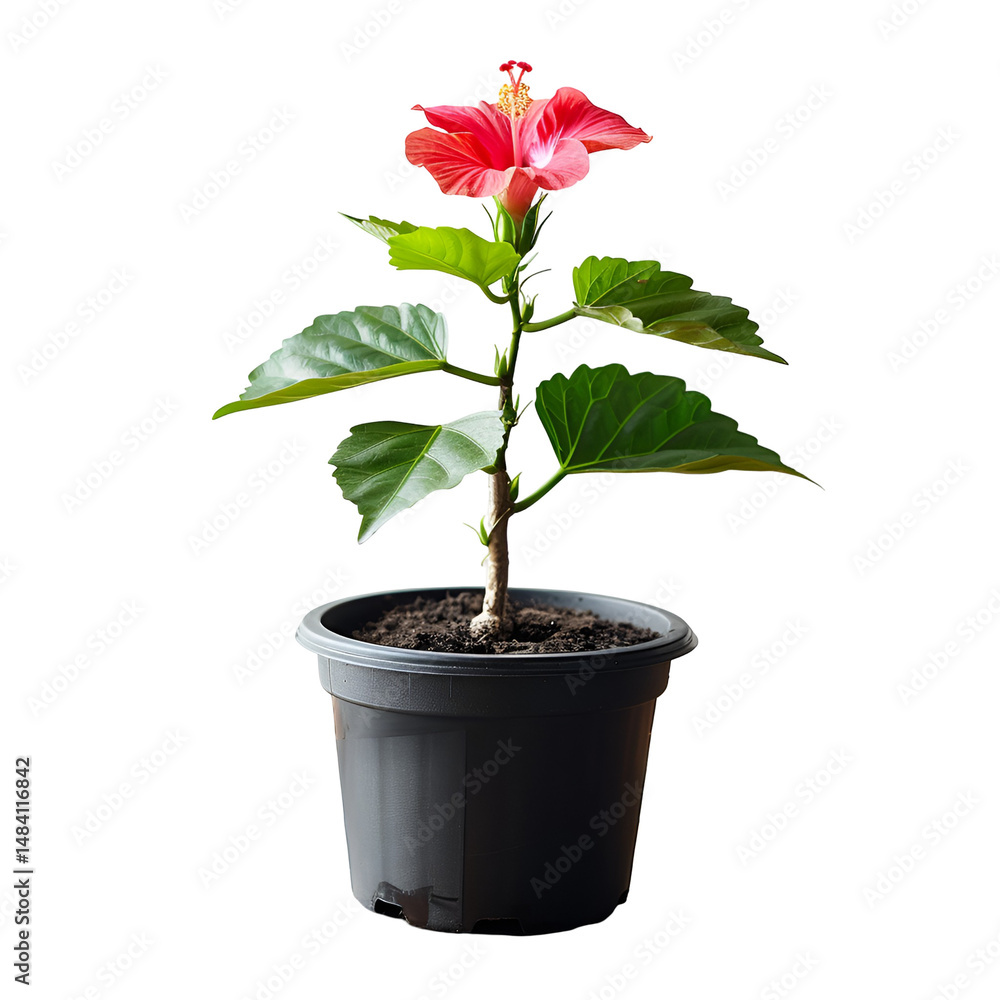 Fototapeta premium Red Hibiscus Plant in Black Pot against Black Background,