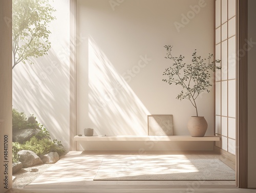 Serene minimalist room with natural light, plants, and Japanese design elements.