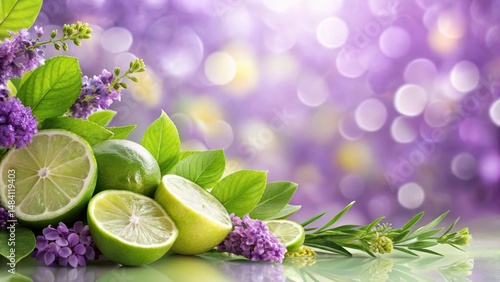 A soft and serene blend of purple lavender hues intertwined with bright green lime accents on a seamless background, evoking feelings of calmness and freshness , peaceful, floral