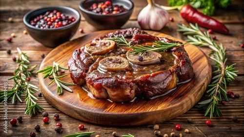 Wallpaper Mural Ossobuco Beef Steak with Spices and Fresh Herbs, Braised in Red Wine Sauce on Wooden Board,culinary art Torontodigital.ca