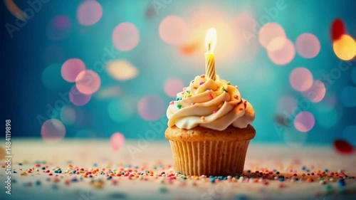 A single cupcake with white frosting and a lit candle on a blurred background