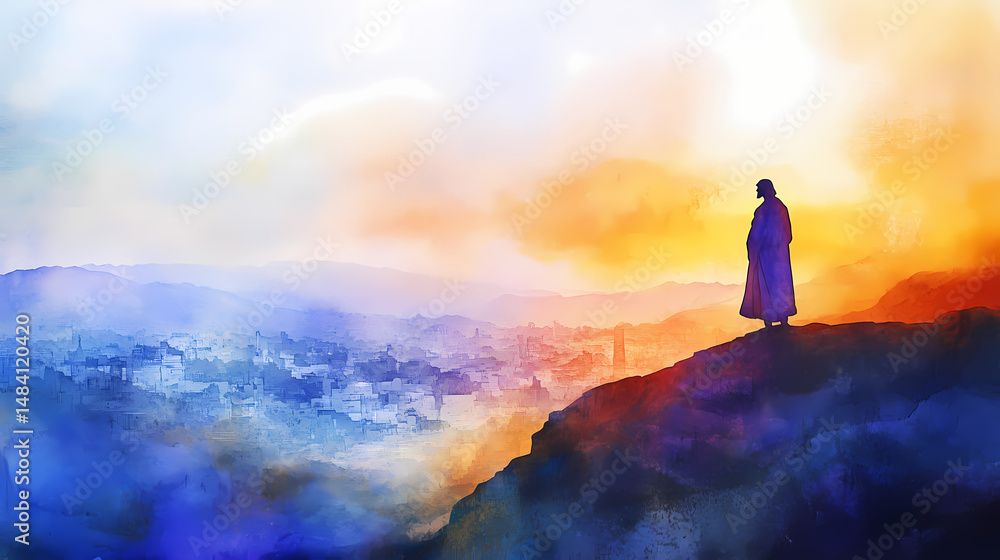 Naklejka premium jesus standing hill overlooking jerusalem