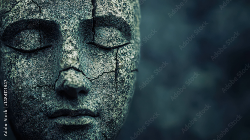 Cracked Stone Face Sculpture with Closed Eyes Against Dark Background in Mood Lighting Cracked Stone Face Sculpture with Closed Eyes Against Dark Background in Mood Lighting