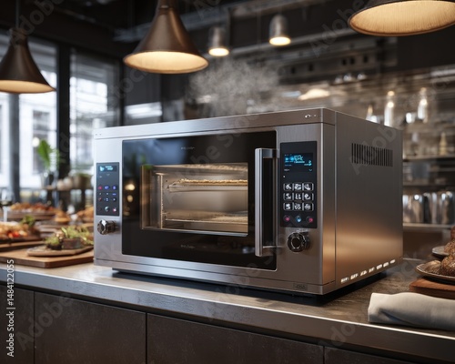 Sleek stainless steel combi oven in a modern restaurant kitchen, ready for culinary creations.