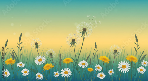 Summer Meadow: Dandelions and Daisies in Sunset