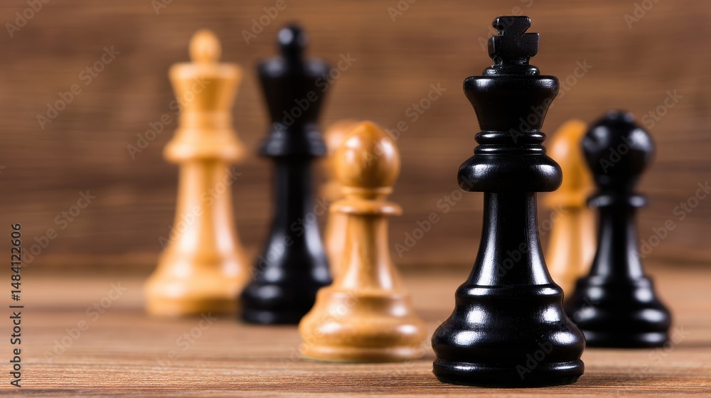 Close-up of chess pieces on a wooden board, showcasing a strategic game in progress Close-up of chess pieces on a wooden board, showcasing a strategic game in progress