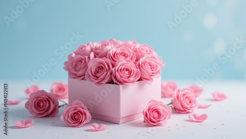 Beautiful Bouquet of Pink Roses in a Elegant Flower Box with Soft Background and Petals