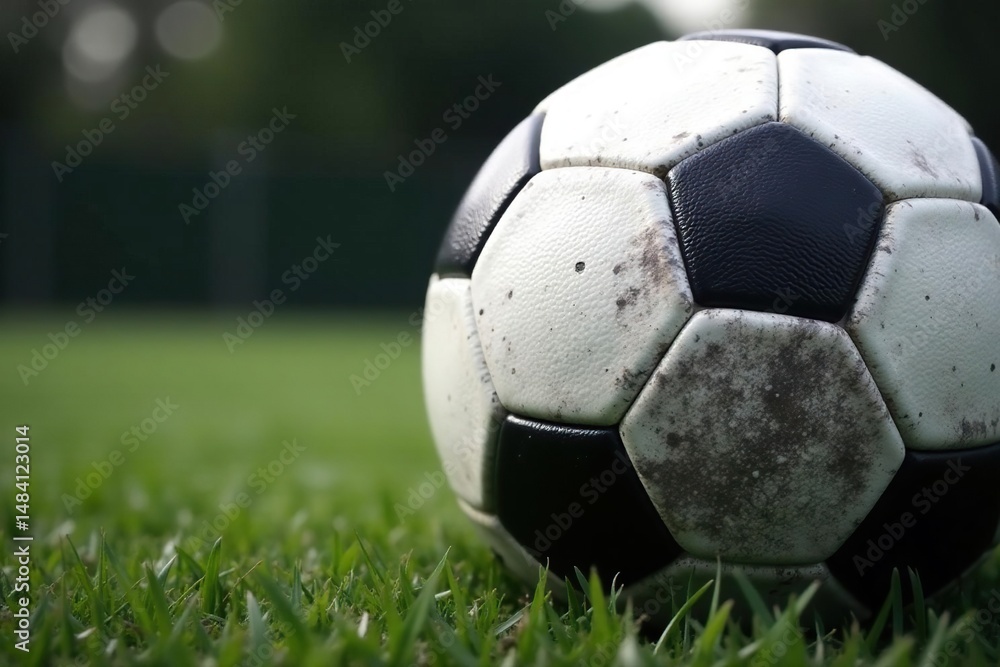 Obraz premium Close-up view of classic black and white soccer ball texture, competition, classic, play