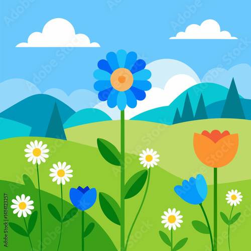 Spring floral plants growing on meadow vector on landscape background.