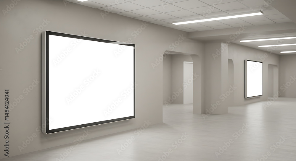 Blank Illuminated Wall Displays in Modern Corridor Blank Illuminated Wall Displays in Modern Corridor