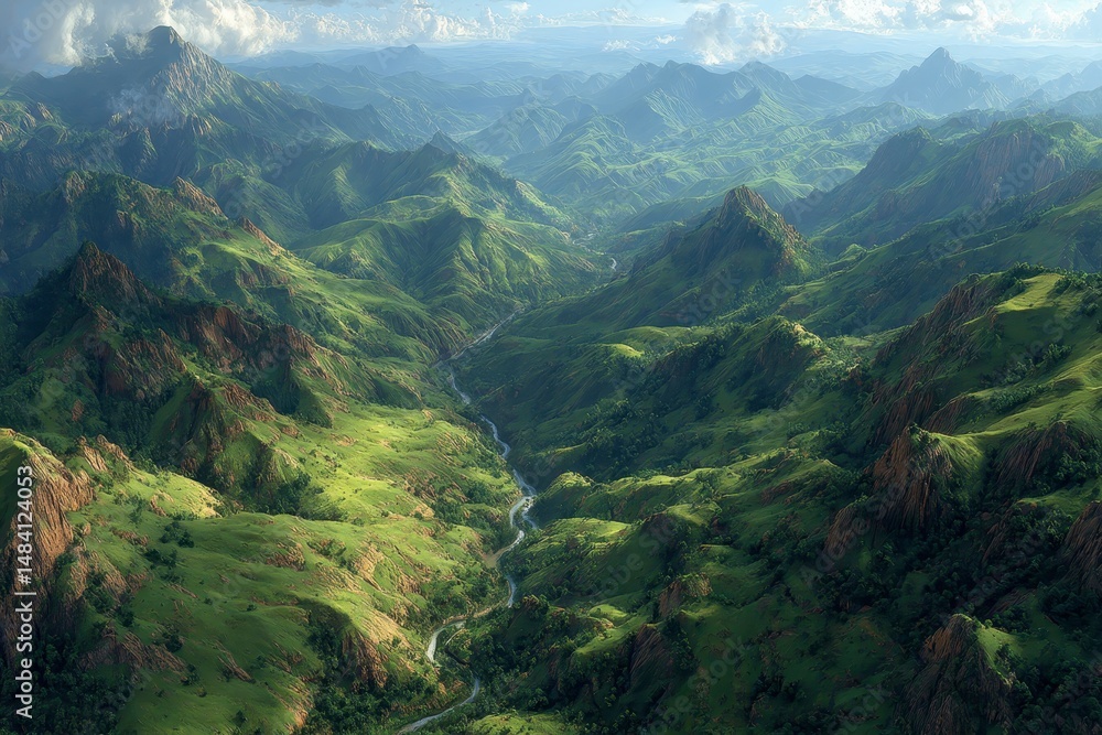 Fototapeta premium Majestic Mountain Range Aerial View Lush Green Valley River Hills Landscape Photograph