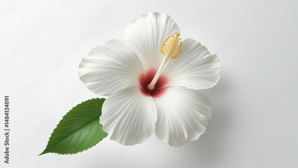 Fototapeta premium Delicate White Hibiscus Flower with Green Leaf on Minimalist Background