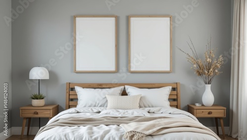 Cozy Minimalist Bedroom with Wooden Furniture and Empty Picture Frames on Grey Wall