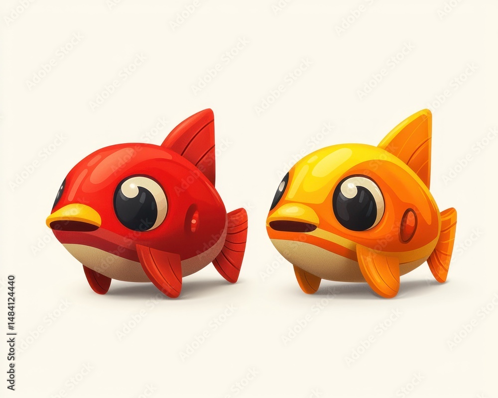 Two cute, colorful stylized fish stand side by side on a plain backdrop Two cute, colorful stylized fish stand side by side on a plain backdrop