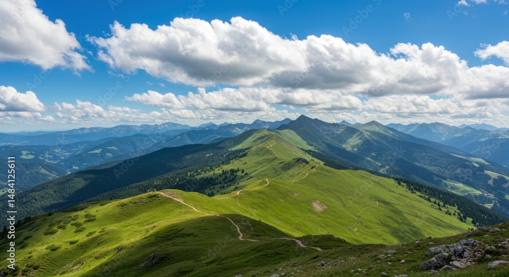 Fototapeta premium Green mountain ridge representing natural beauty and exploration, with blue sky and clouds