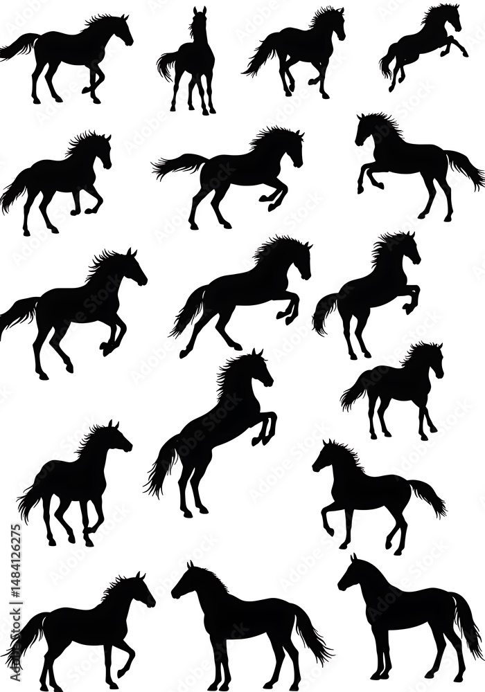 Fototapeta premium Elegant Horse Silhouettes: A Collection of Black & White Equine Art