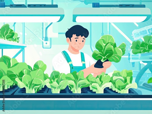 Automated hydroponic farm worker tending leafy greens.