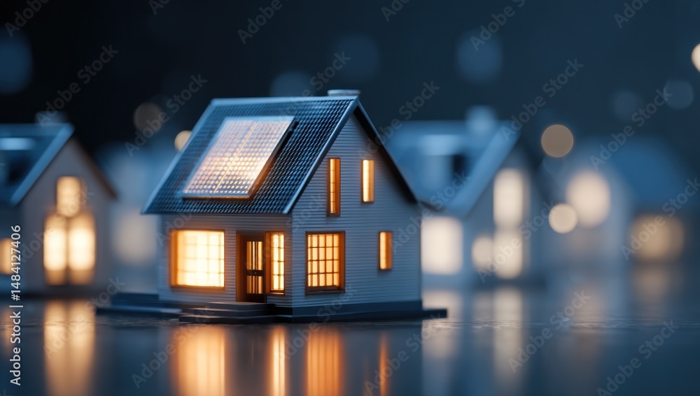 Miniature house models with solar panels and illuminated windows on a reflective surface Miniature house models with solar panels and illuminated windows on a reflective surface