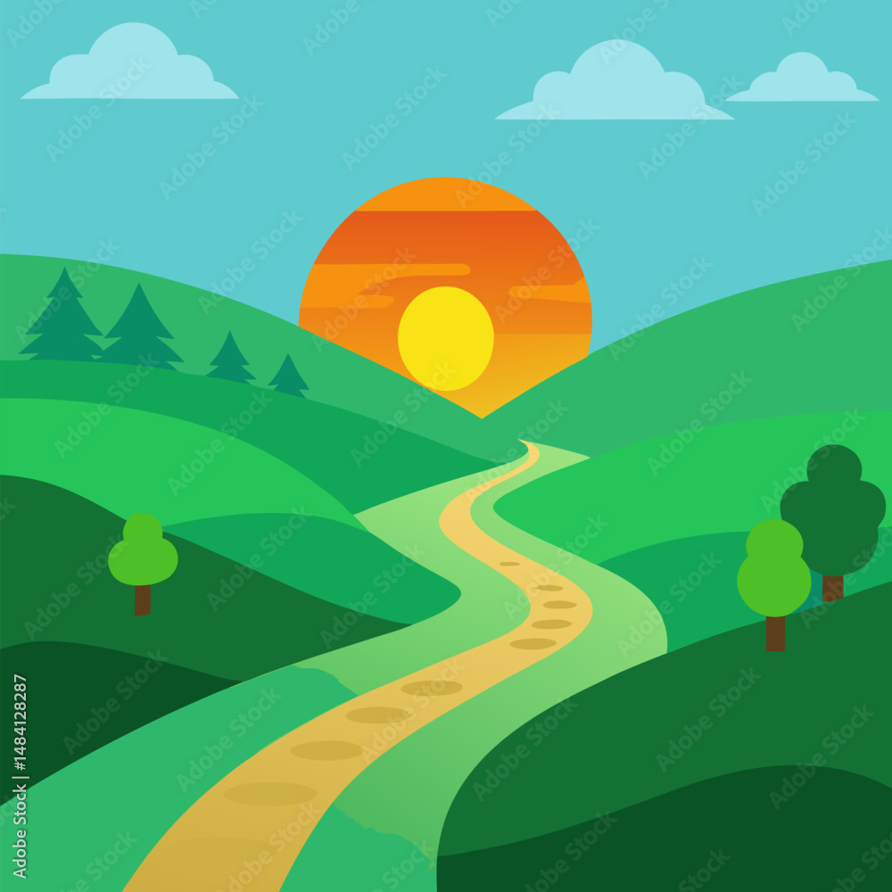 Fototapeta premium Road with fresh sky with sun vector landscape background.