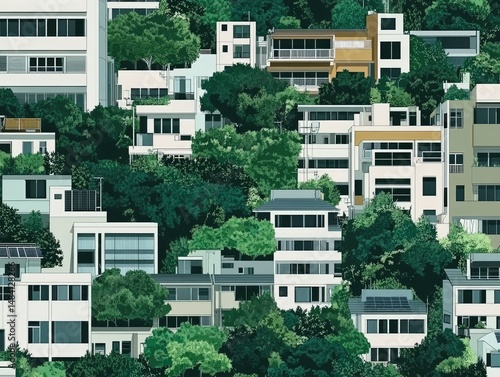 Lush hillside cityscape of residential buildings.