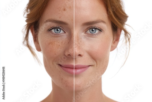Comparison of woman's face before and after treatment showing skin improvement and clarity